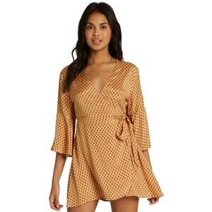 Billabong Wrap Divine Day Mini Dress Womens S Gold Fit & Flare Bell 3/4 Sleeve